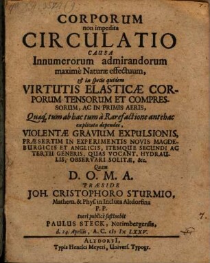 Corporum non impedita Circulatio Causa Innumerorum admirandorum maxime Naturae effectuum, & in specie quidem Virtutis Elasticae Corporum Tensorum Et Compressorum, Ac In Primis Aeris, Quaeq[ue] tum ab hac tum a Rarefactione antehac explicata dependet, Violentae Gravium Expulsionis, Praesertim In Experimentis Novis Magdeburgicis Et Anglicis, Itemque Secundi Ac Tertii Generis, Quas Vocant, Hydraulis, Observari Solitae, &c.