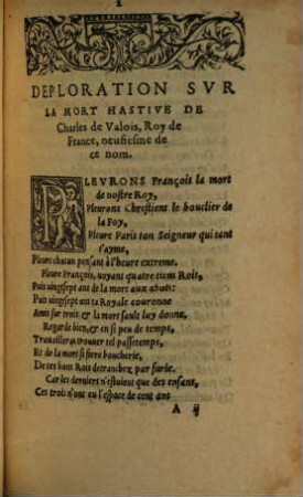 Regrets Svr La Mort Hastive Dv Tres-chrestien Roy de France, Charles de Valois, Neufiesme de ce Nom