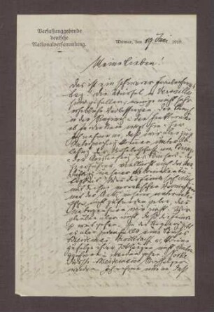 Schreiben von Constantin Fehrenbach, Weimar, an Elisabeth Rosset, Trauer um die Ergebnisse bzgl. der Versailler Friedenskonferenz