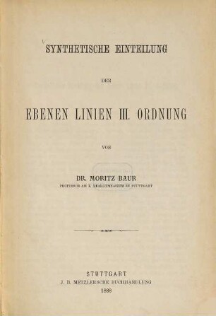Synthetische Einteilung der ebenen Linien 3. Ordnung