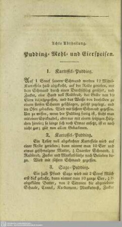 Achte Abtheilung. Pudding-, Mehl- und Eierspeisen