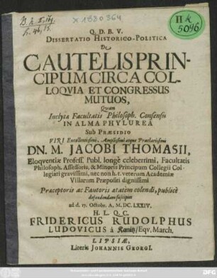 Dissertatio Historico-Politica De Cautelis Principum Circa Colloquia Et Congressus Mutuos