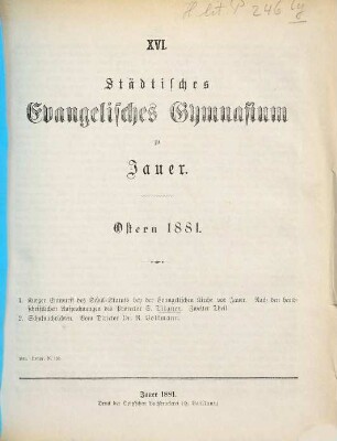 Städtisches Evangelisches Gymnasium zu Jauer : Ostern .... 1880/81