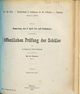 Zu der ... stattfindenden öffentlichen Prüfung der Schüler und Entlassung der Abiturienten ladet im Namen des Lehrer-Collegiums ganz ergebenst ein : Ostern .... 1878/79