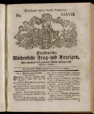 No. XXXVIII. Dienstags, den 19. Septbr. Anno 1775. - No. XLVI. Dienstags, den 14. Novbr. Anno 1775.