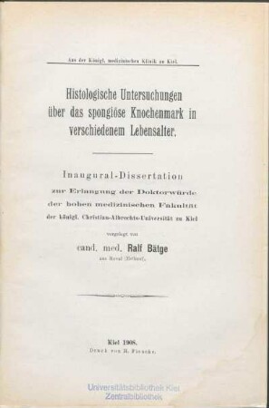 Histologische Untersuchungen über das spongiöse Knochenmark in verschiedenem Lebensalter
