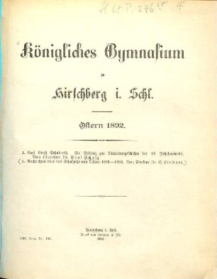 Königliches Gymnasium zu Hirschberg i. Schl. : Ostern .... 1891/92