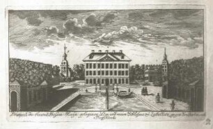 Ansicht des alten und neuen Schlosses Zabeltitz gegen den Garten und die Dorfkirche : Ansicht des alten und neuen Schlosses Zabeltitz gegen den Garten und die Dorfkirche. Kupferstich (1701/1800). Dresden: Sammlung Friedrich August II.