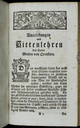 Anmerkungen und Sittenlehren des Herrn Grafen von Oxenstirn.