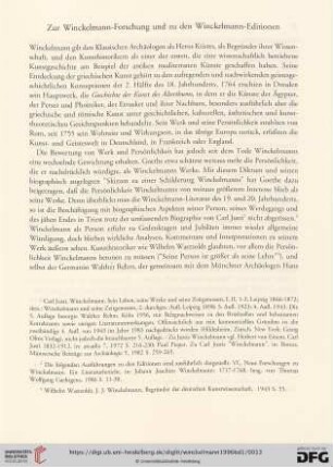 Zur Winckelmann-Forschung und zu den Winckelmann-Editionen