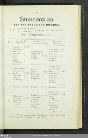 Stundenplan für das Schuljahr 1906/07