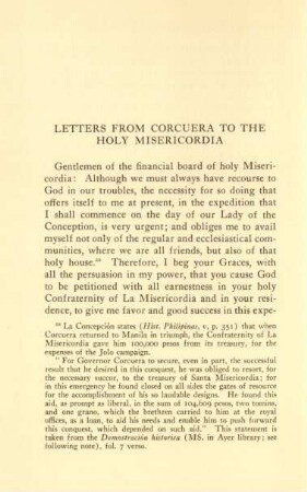 Letters from Corcuera to the Holy Misericordia