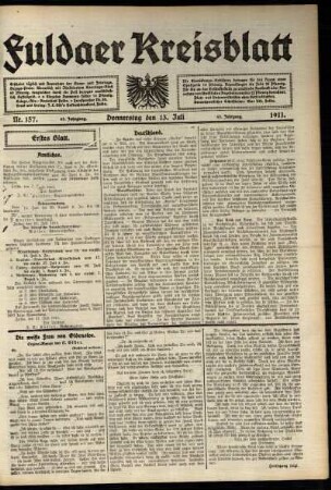 Erste Ausgabe vom Donnerstag, den 13. Juli 1911.