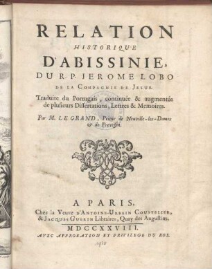 Relation Historique D'Abissinie Du Jerome Lobo