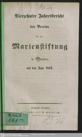14.1853: Jahresbericht des Vereines für die Marien-Stiftung : auf das Jahr ...