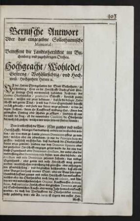 Bernische Antwort Uber das eingegebne Sollothurnische Memorial: Betreffent die Landtsherrlikeit im Buchenberg und zugehörigen Orthen.