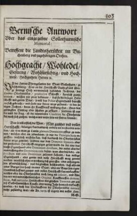 Bernische Antwort Uber das eingegebne Sollothurnische Memorial: Betreffent die Landtsherrlikeit im Buchenberg und zugehörigen Orthen.