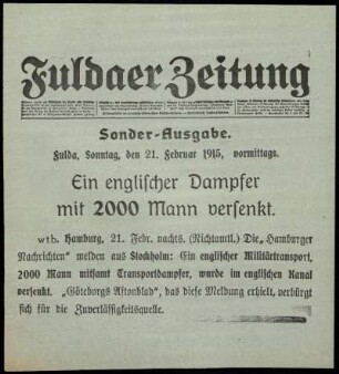 Erste Ausgabe vom Sonntag, den 21. Februar 1915.
