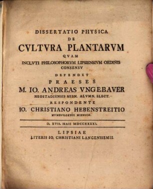 Dissertatio Physica De Cvltvra Plantarvm