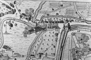 Zittau. Hospitalmühle (U) und Hospital St. Jacob (O), Ausschnitt aus: Prospekt der Stadt Zittau, 1757 (Sign.: VIII 130)