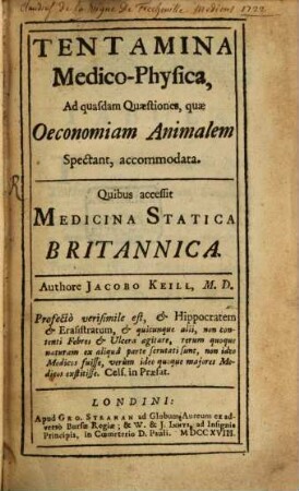 Tentamina medico-physica, ad quasdam quaestiones, quae oeconomiam animalem spectant