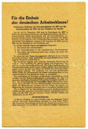 Flugschrift mit dem Text der Entschließung der gemeinsamen Konferenz von KPD und SPD im Dezember 1945