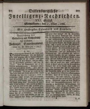 XXI. Stück. Sonnabends: den 27. May, 1786.