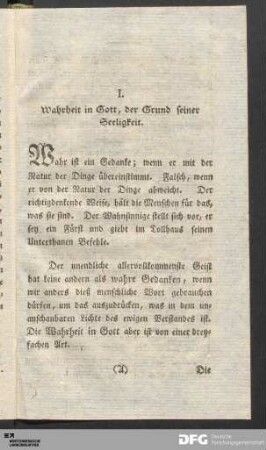 I. Wahrheit in Gott, der Grund seiner Seeligkeit.