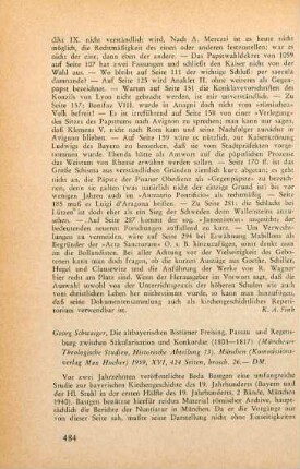 484-486 [Rezension] Schwaiger, Georg, Die altbayerischen Bistuemer Freising, Passau und Regensburg zwischen Saekularisation und Konkordat