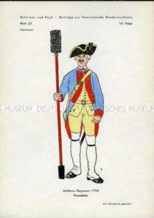Uniformdarstellung, Konstabler der Artillerie, Kurfürstentum Hannover, 1770.