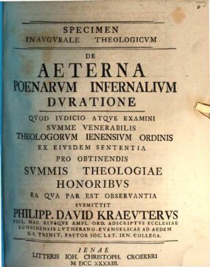 Specimen inaug. theol. de aeterna poenarum infernalium duratione