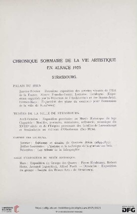 Chronique sommaire de la vie artistique en Alsace