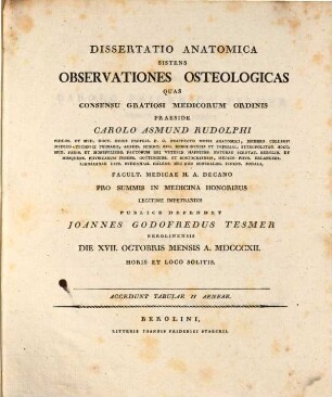Diss. anat. sistens observationes osteologicas : cum 2 tab. aen.