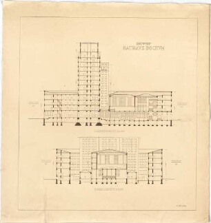 Billing, Hermann; Bochum (Nordrhein-Westfalen); Rathaus - Längsschnitt; Querschnitt (Schnitte)