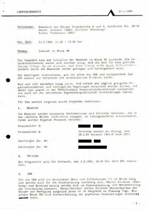 Dokumentation: Konflikt um die Sanierung Fraenkelufer 8 und 4, Kohlfurther Straße 40 und 46, 1983