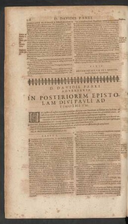D. Davidis Parei Adversaria In Posteriorem Epistolam Divi Pauli Ad Timotheum.