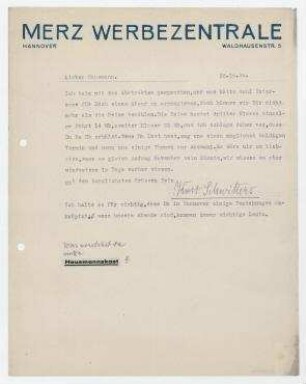 Brief von Kurt Schwitters an Raoul Hausmann. Hannover. Briefkopf: Merz Werbezentrale Hannover Waldhausenstr. 5