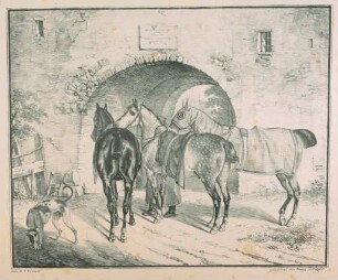 Lithographie mit Darstellung von drei Pferden vor einem Durchgang