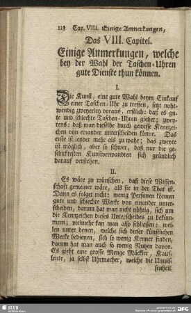 Das VIII. Capitel. Einige Anmerkungen, welche bey der Wahl der Taschen-Uhren gute Dienste thun können