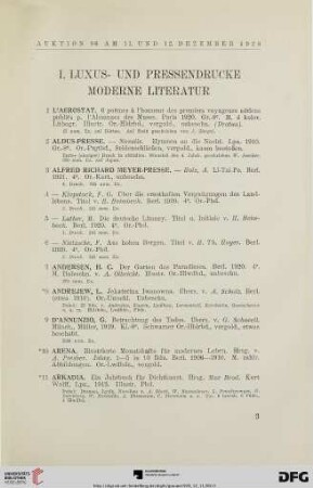 I. Luxus- und Pressendrucke Moderne Literatur (Nr. 1-724)