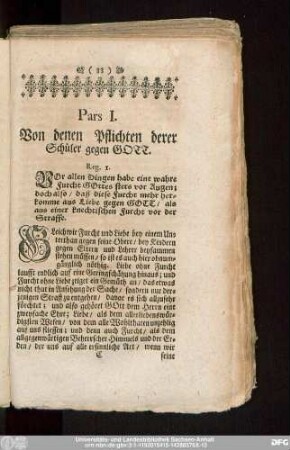 Pars I. Von denen Pflichten derer Schüler gegen Gott.
