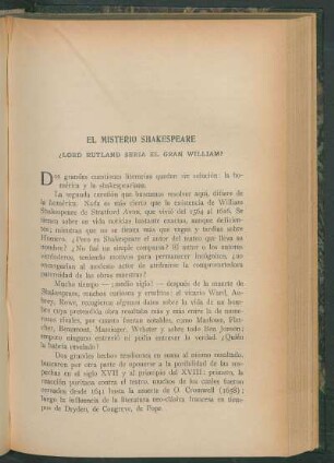 El misterio Shakespeare : ¿Lord Rutland sería el Gran William?
