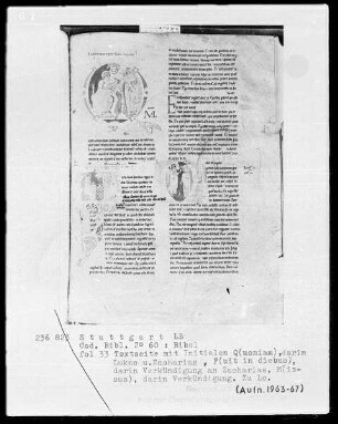 Bibel — Textseite mit drei historisierten Initialen, Folio 33recto