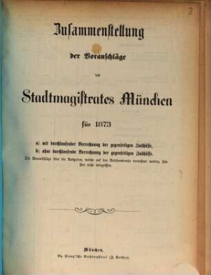 Zusammenstellung der Voranschläge des Stadtmagistrates München für .... 1873