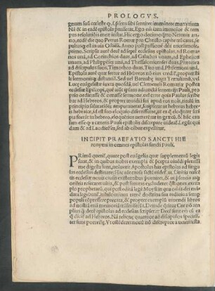 Incipit Praefatio Sancti Hieronymi in omnes epistolas sancti Pauli.
