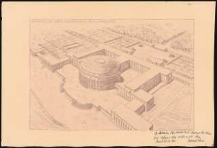 Hochschule für Tanzkunst Schinkelwettbewerb 1929: Perspektivische Ansicht (Vogelschau) von NW