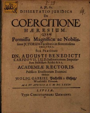 Dissertatio Iuridica De Coercitione Haeresium