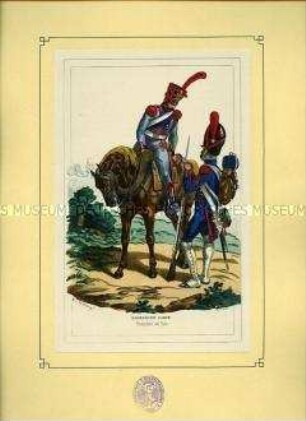 Uniformdarstellung, Offizier des Artillerie-Trains zu Pferd und Gemeiner der Artillerie zu Fuß der Kaiserlichen Garde, Frankreich, 1812. Tafel 46 aus: Bellangé: Die Soldaten der französischen Republik und des Kaiserreichs.