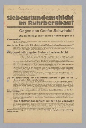 "Siebenstundenschicht im Ruhrbergbau!"