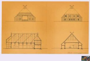 Harrienstedt ([Landkreis Stolzenau]): Bauernhaus. Haupthaus (zwei Giebel-Ansichten, Längsschnitt, Querschnitt)